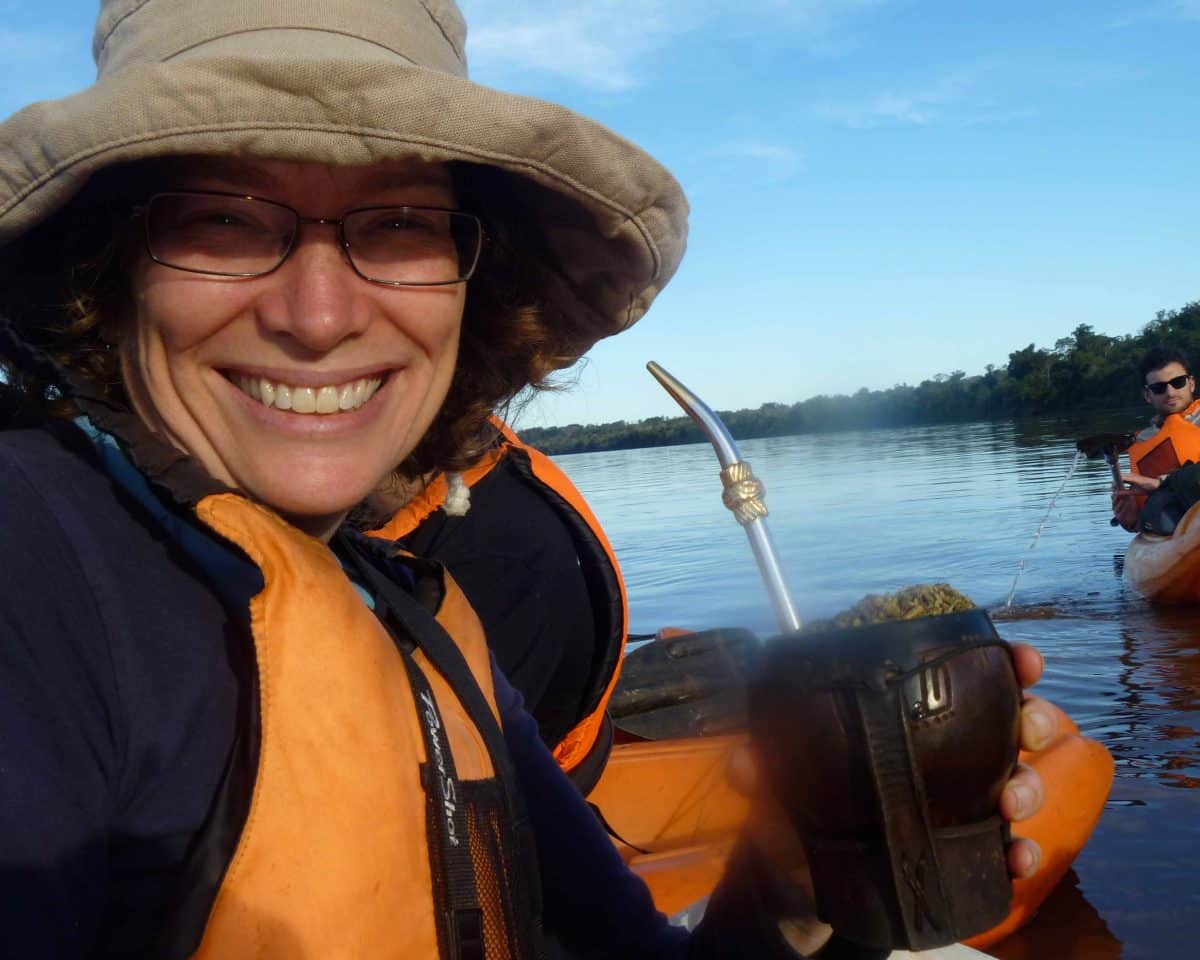 The author enjoying yerba mate while on the river.