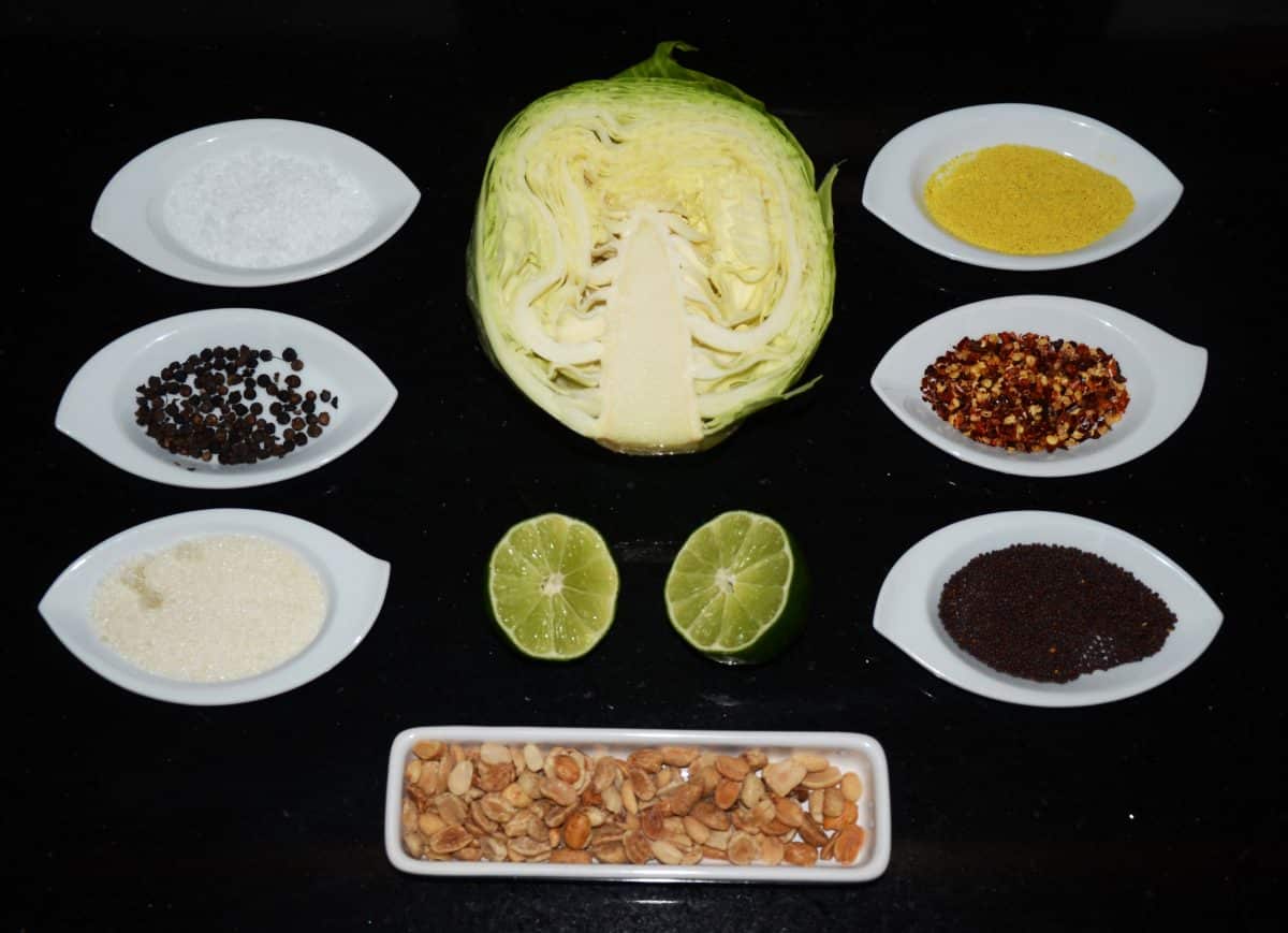 Ingredients for Connor's Favorite Coleslaw - cabbage, lime, peanuts, asafaetida, red pepper flakes, mustard seed, salt, pepper, and sugar.