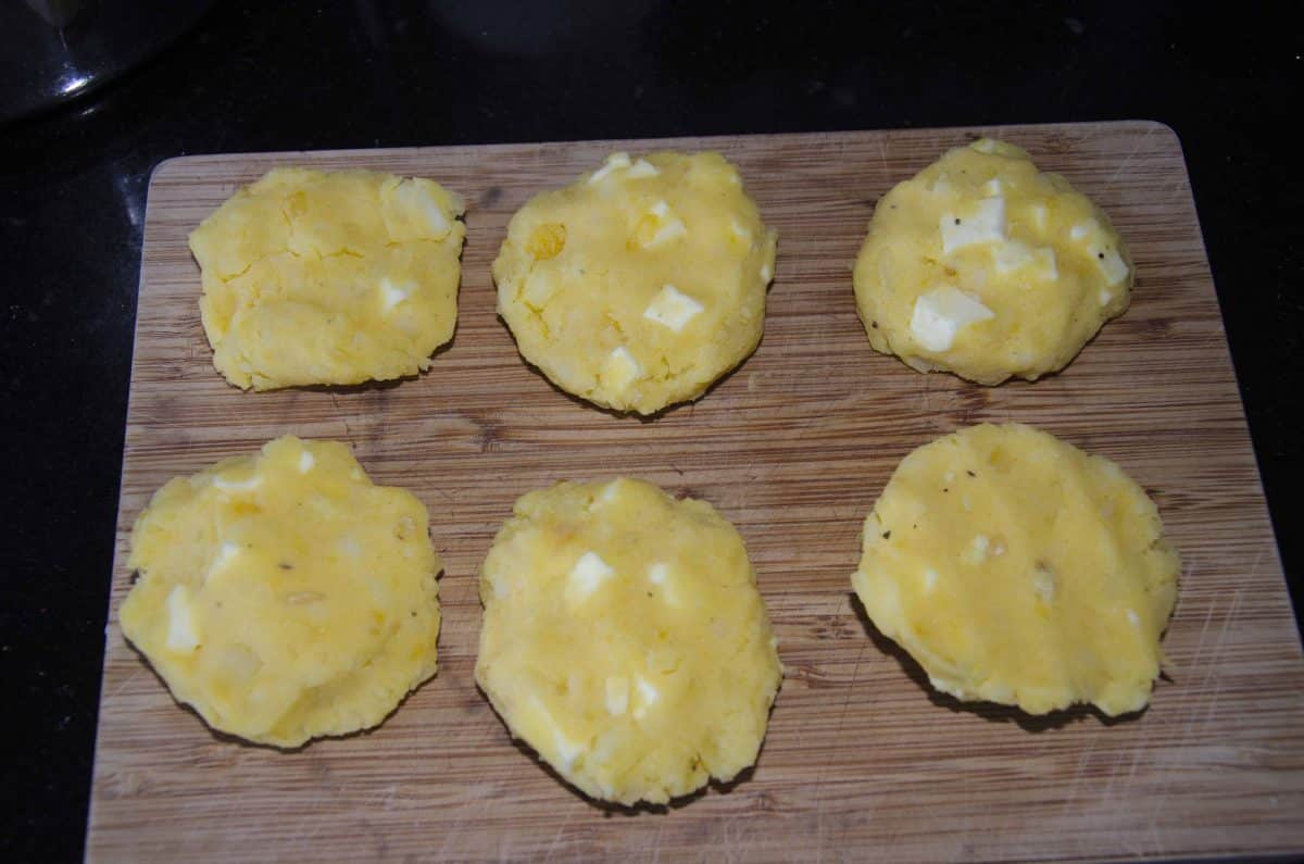 Form the mixture into patties. Each of these patties started of as a ball about the size of a small lemon.