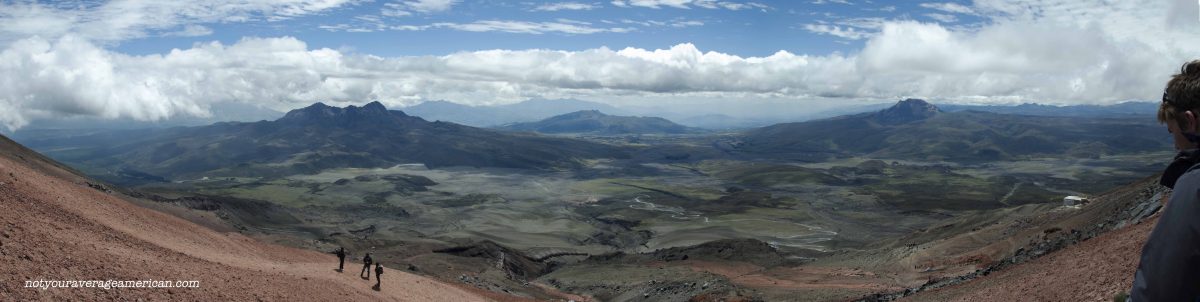 This panorama is stitched from multiple photos. The view is found about halfway between the glacier and the Refugio but on a higher trail that the one we walked out | ©Angela Drake