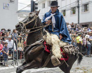 Gaucho in woold hat, blue poncho, white scarf, and alñpaca chaps races his steed through the streets