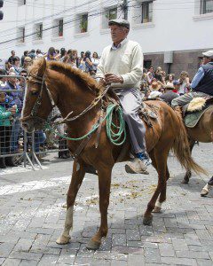 Older man in simple pants and collared shirt with cap rides his horse