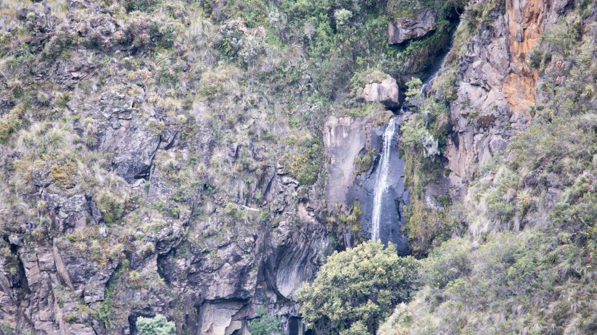 Cliffs and Cascade near the Antisanilla Reserve Viewing Point; Reserva Antisanilla, Secas, Ecuador