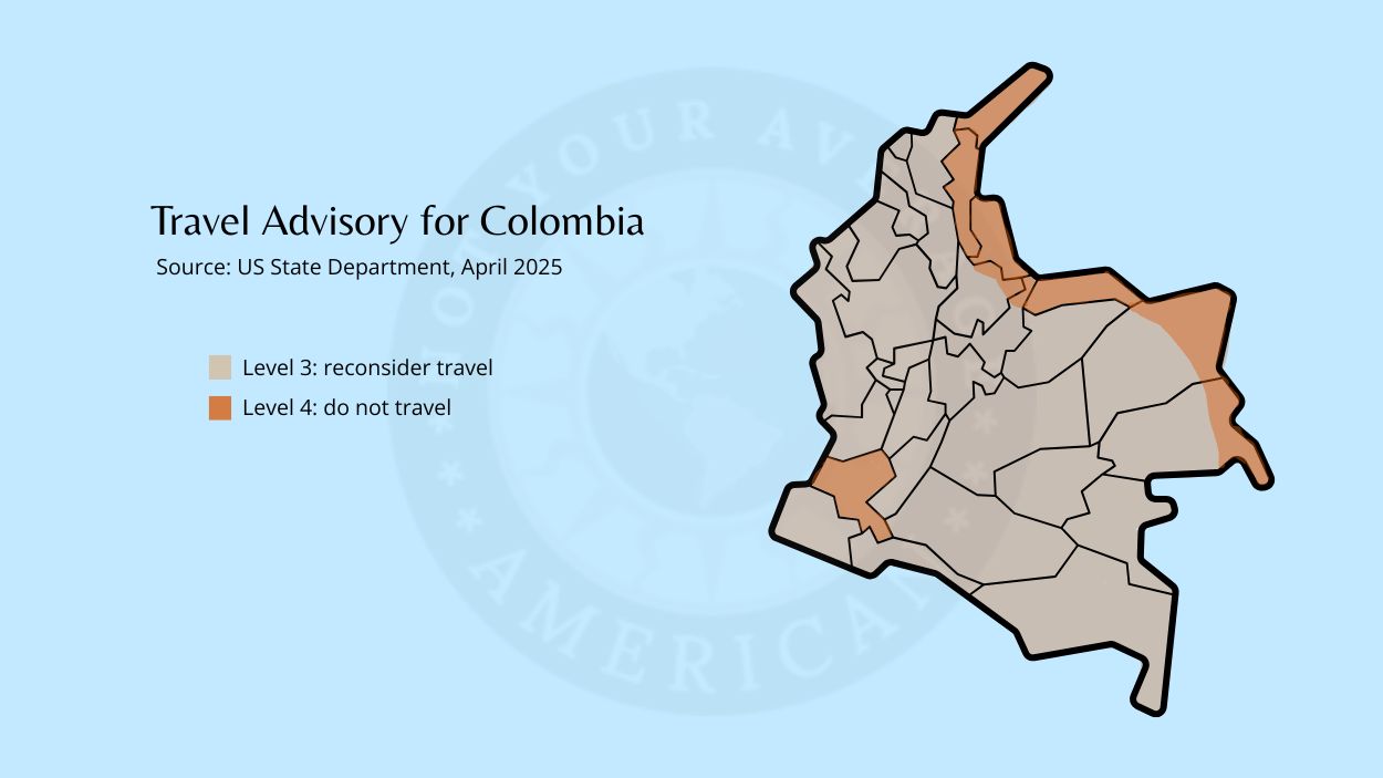 Map of Colombia showing US State Department Travel Advisory of April 2025.