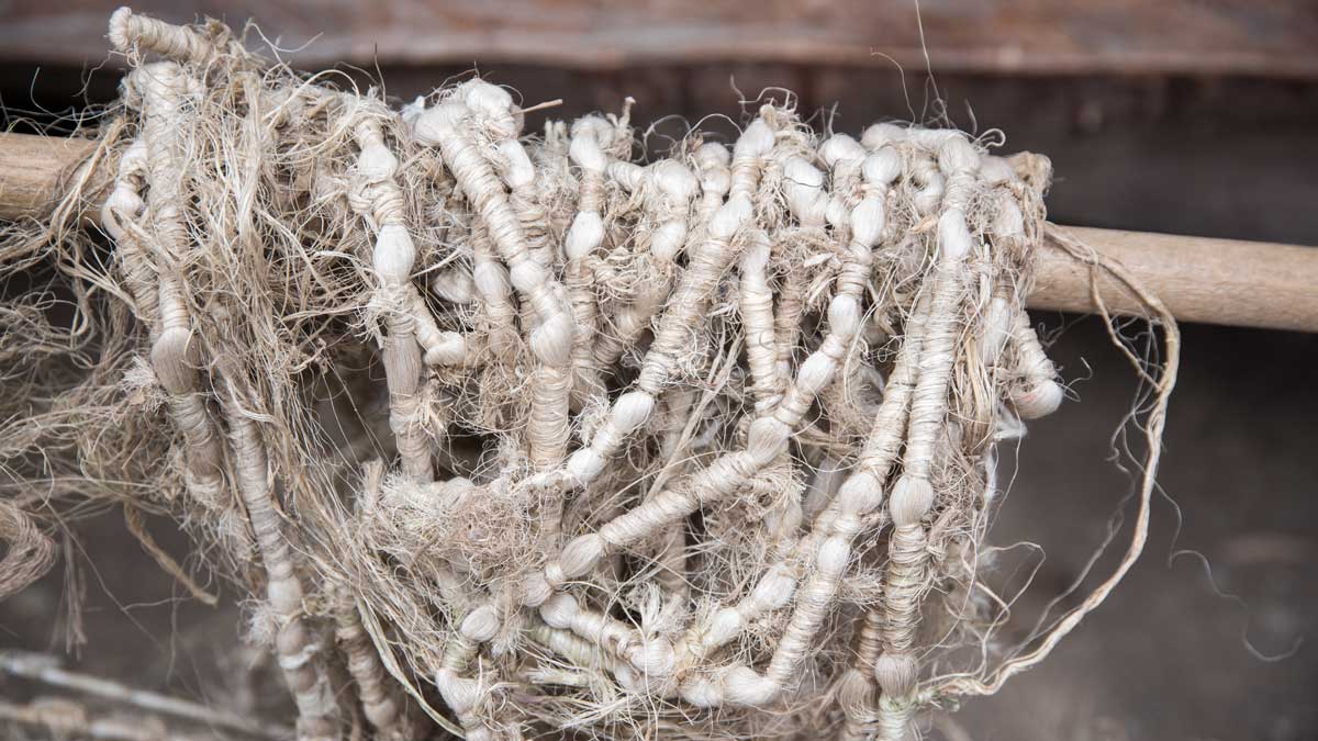 Wrapped fibers for dying macana threads; Casa de la Macana, Gualaceo, Ecuador | ©Angela Drake