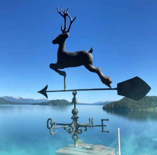 Weather Vane Deer Weathervane in foreground; Lago Nahuel Huapi in background