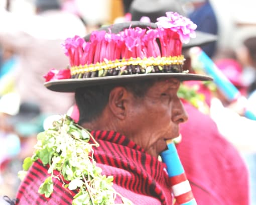 A man dressed in a hat and colorful suit playing a wind instrument
