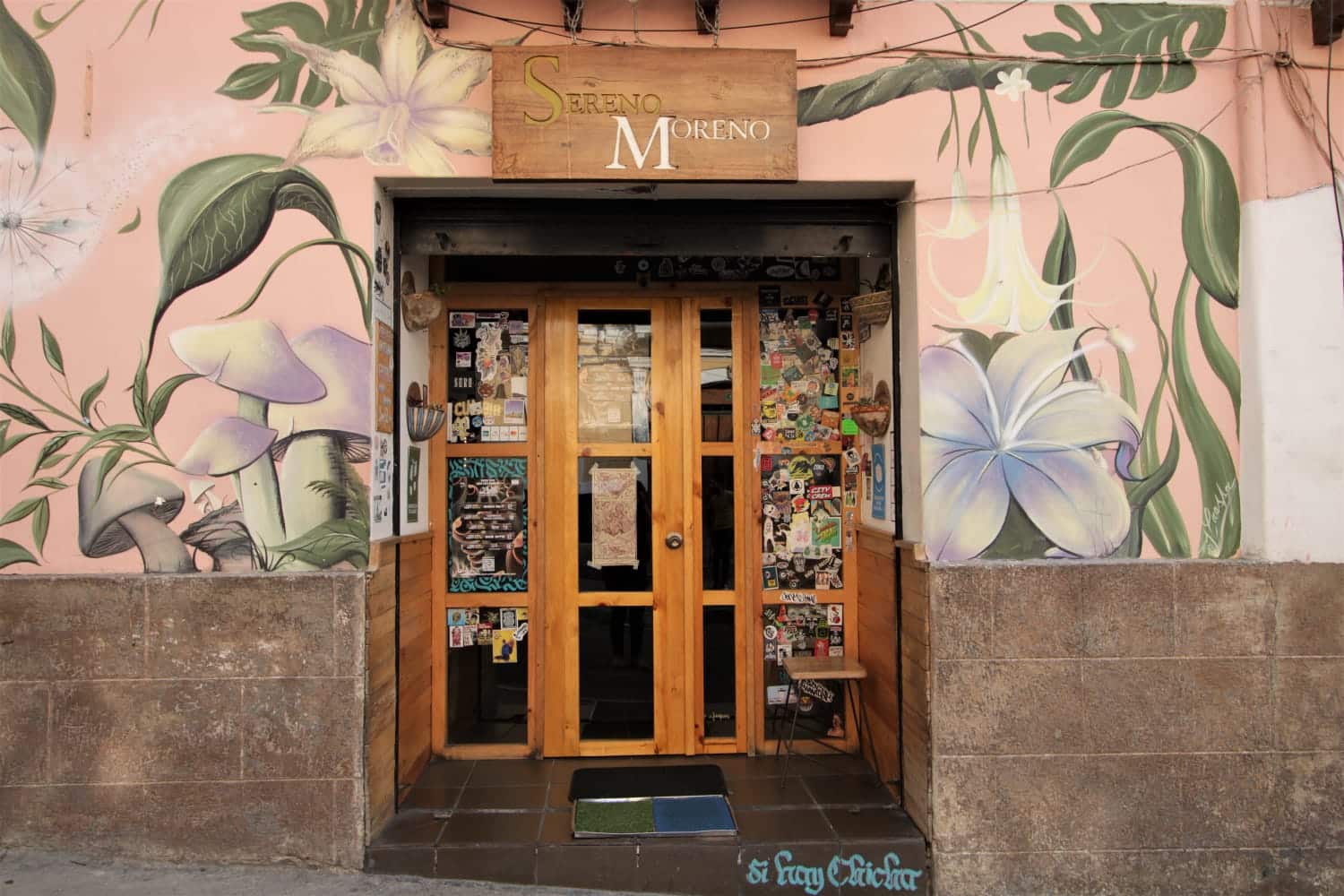 Front door of Sereno Moreno is made of wood and glass. The front wall is painted with a mural of flowers white flowers, green leaves and stems,  with a pale pink background.