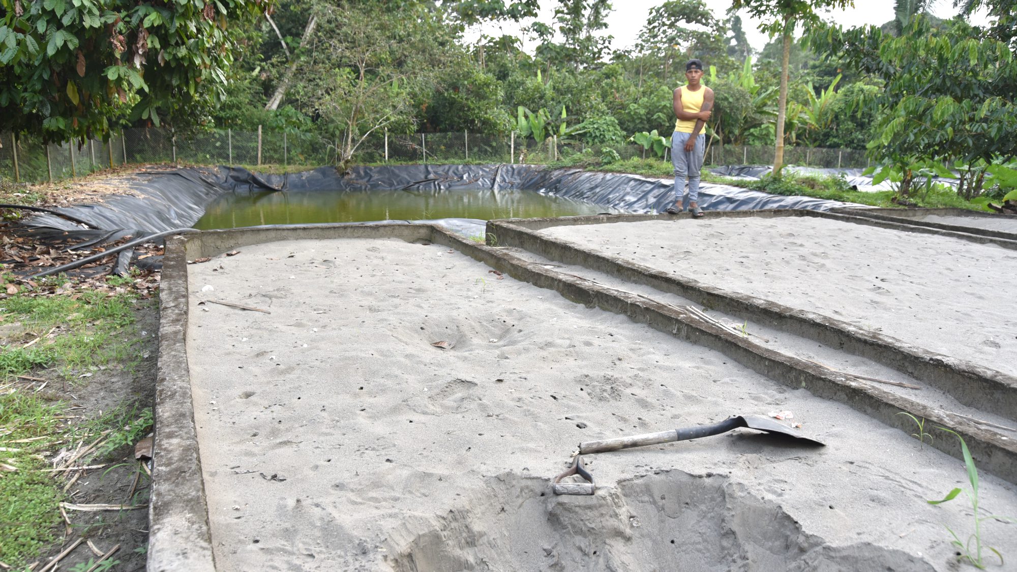 A young man stands at between two sand pits and a deep pool that are used for the Cofan turtle reproduction project
