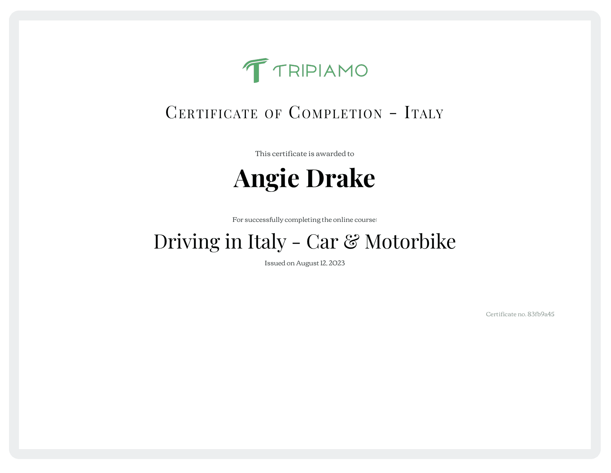 Certificate for Tripiamo Driving in Italy Online Course