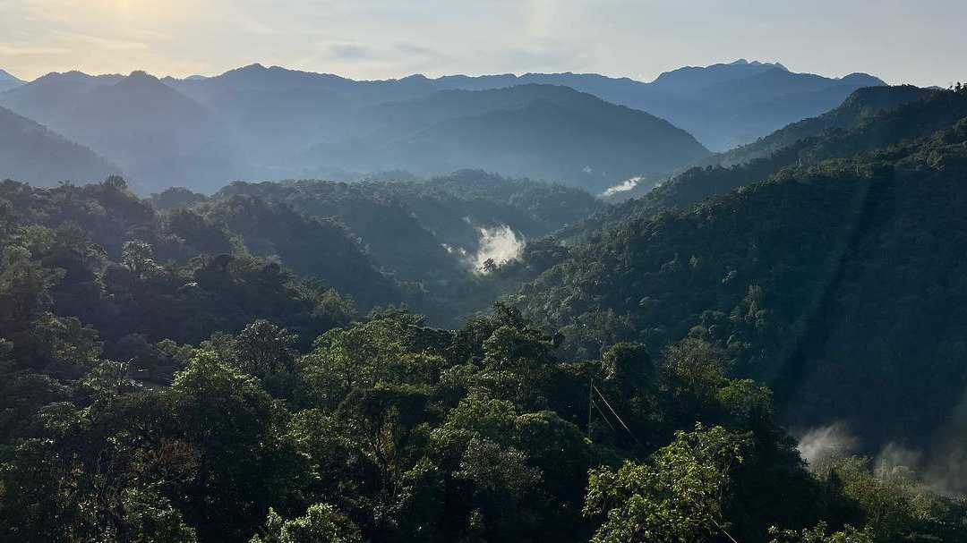 La luz de primera hora de la mañana llega a las montañas cubiertas de bosque nuboso que rodean Mindo