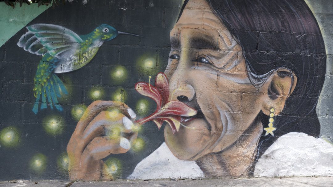 Mural pintado en la pared exterior de PomasQuinde con una mujer ecuatoriana oliendo una flor y un brillante colibrí azul y verde.
