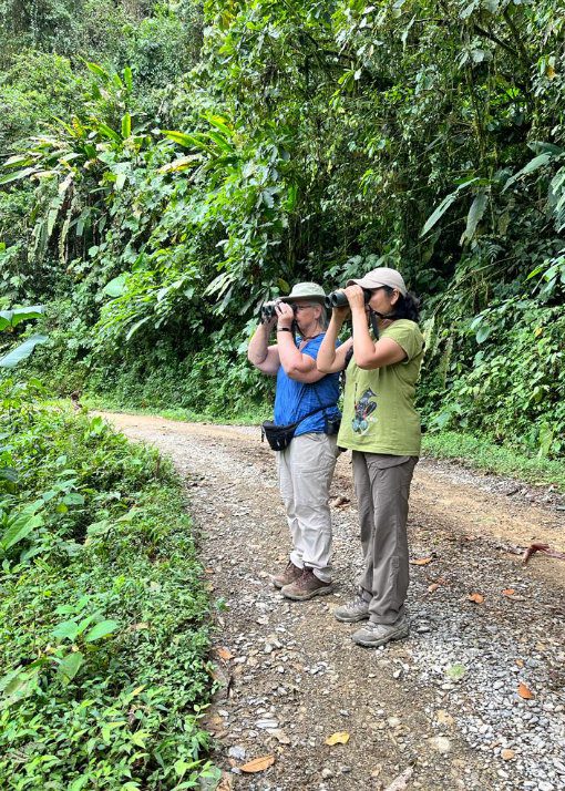 Julia Patiño y un cliente observando aves en la Reserva Yanacocha