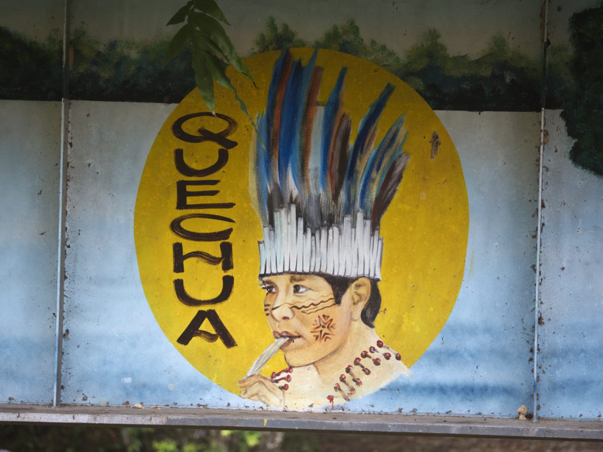 A painting of a Amazonian Kichwa as appears in a mural on the official entrance point to the Cuyabeno Reserve. The artist is Juan Paz.