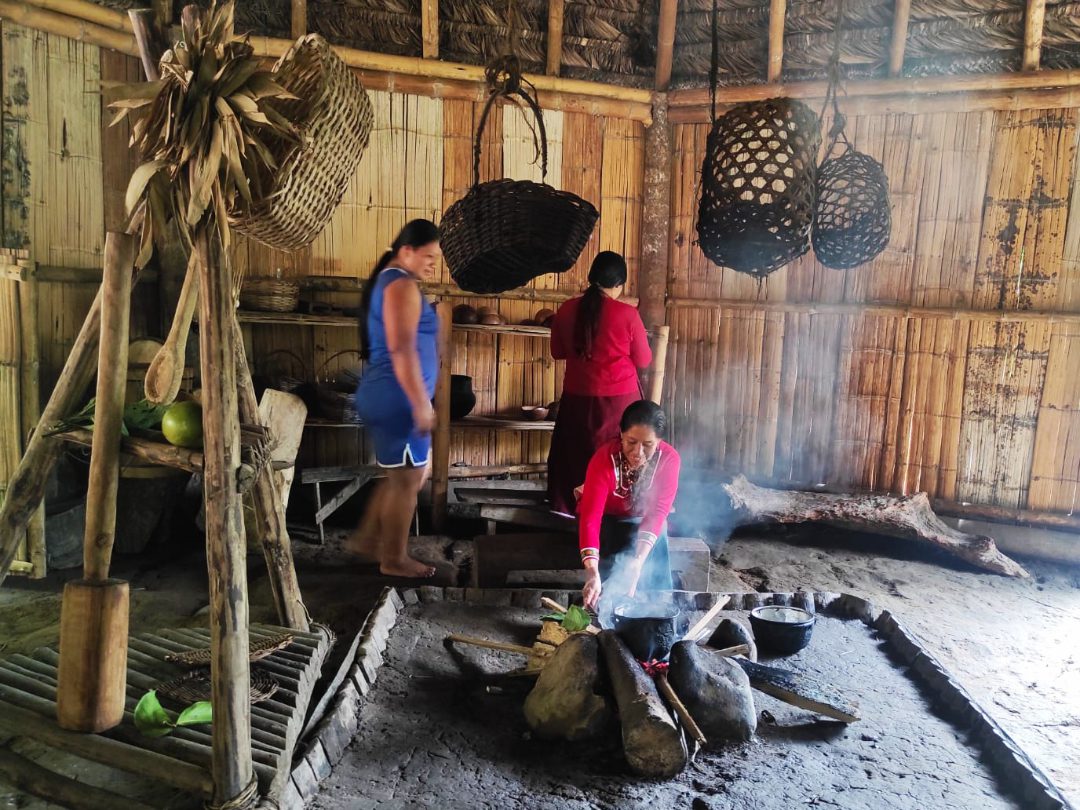 Three Kichwa women preparing a fire to roast chontacuro.