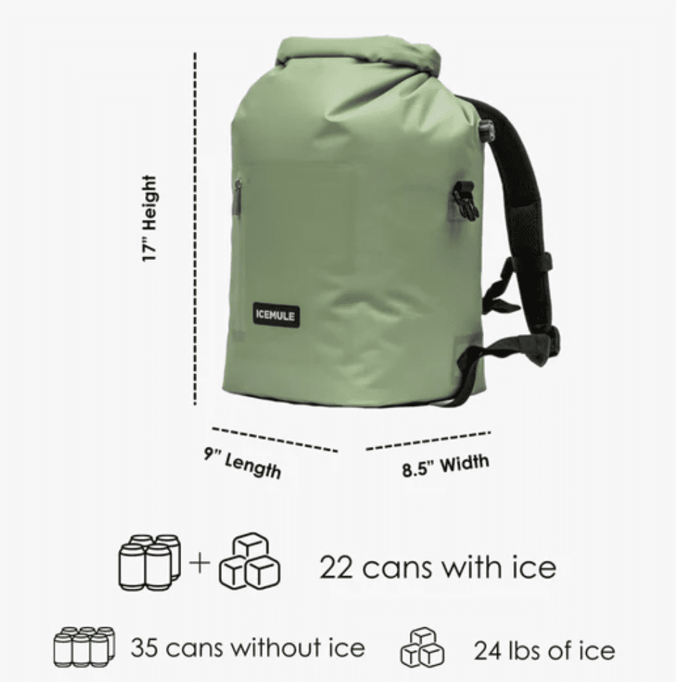 The ICEMULE R-Jaunt 20L soft-sided backpack cooler with dimensions