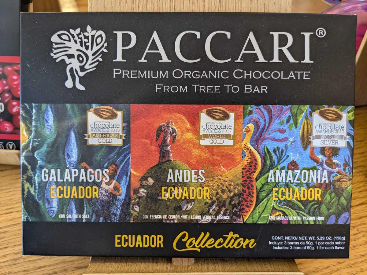 Three bars of Paccari Chocolate highlighting iconic regions in Ecuador: the Galapagos, the Andes, and the Amazon.