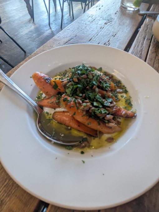 Five Points Market, Carrots with Coconut Labna A shareable vegan plate: carrots with coconut labna