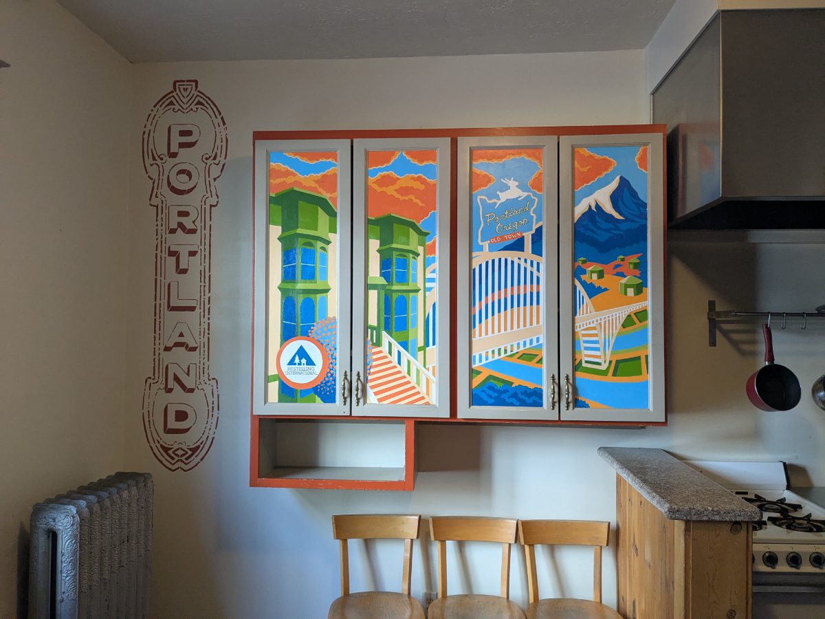 Portland Hand-painted Cabinets Hand painted cabinets exude an art deco in 70's color vibe