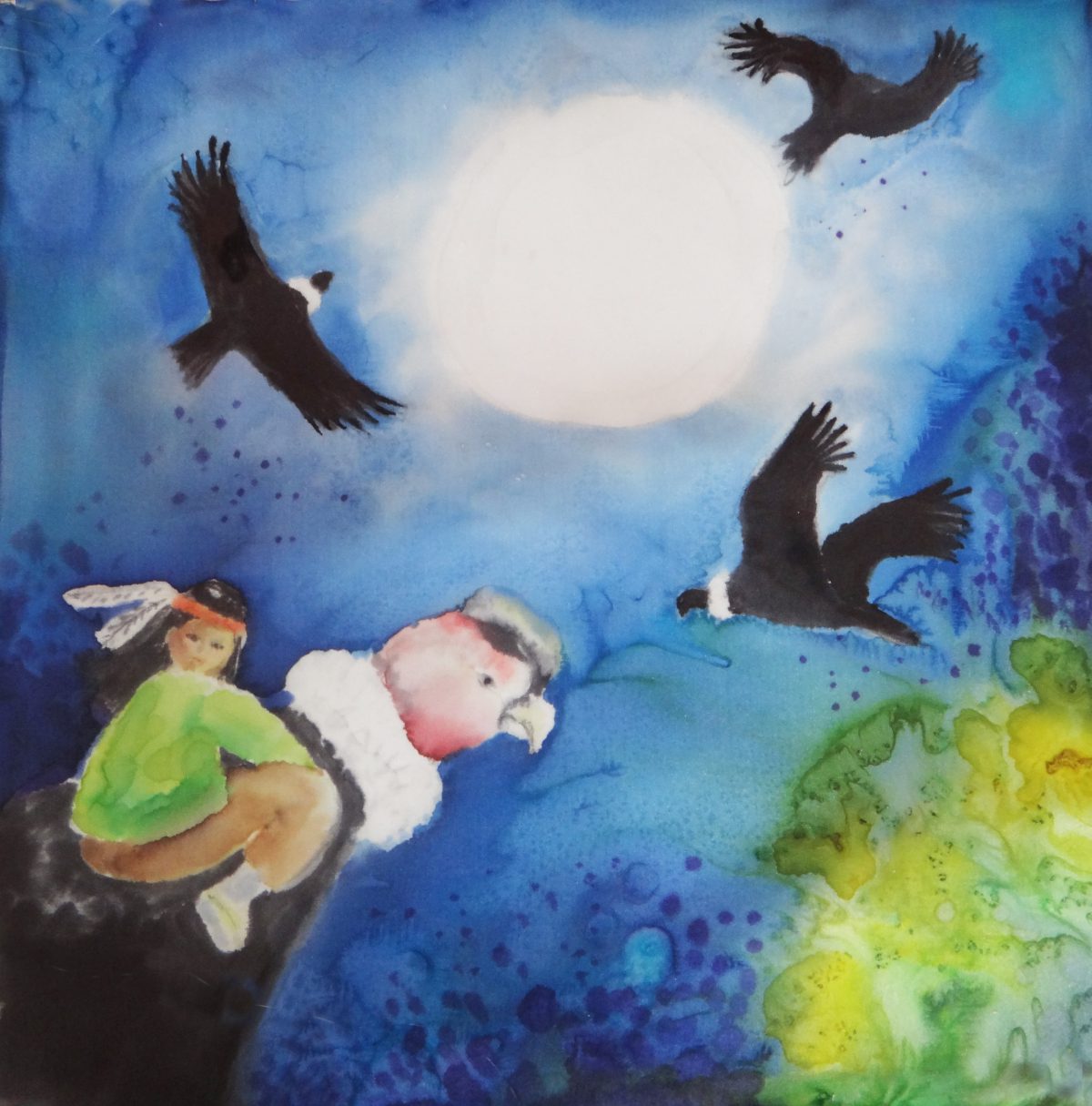 A boy rides an Andean Condor, original artwork from King of the Condors