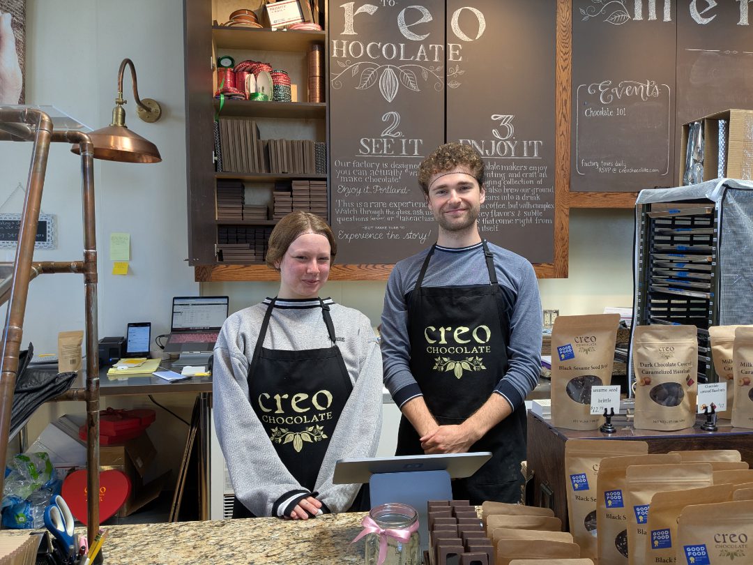 Eleanor and Ryan Welcomed Us Eleanor and Ryan waiting to welcome visitors to Creo Chocolate
