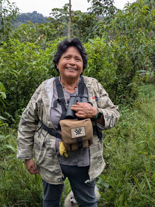 Graciela Erazo equipped for birdwatching with Vortex binoculars at the ready.