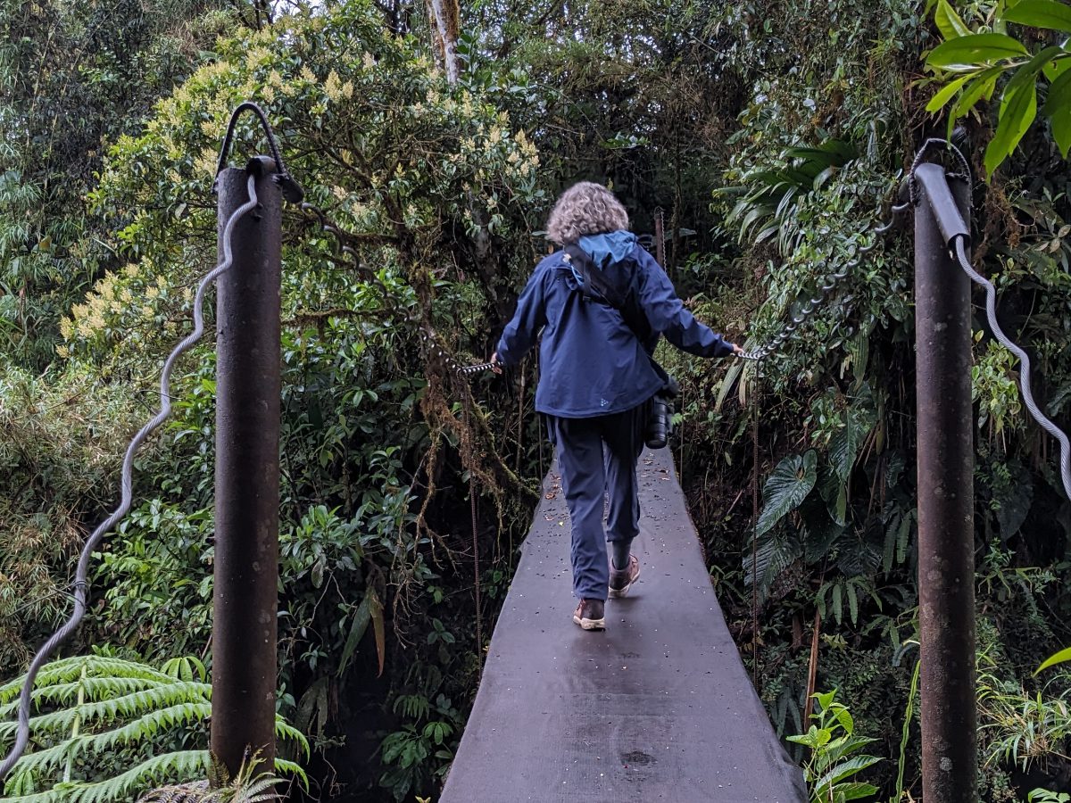 Angie wearing a Craft Sportswear Women's CORE Explore Shell Jacket while walking across a bridge in the Amazon.