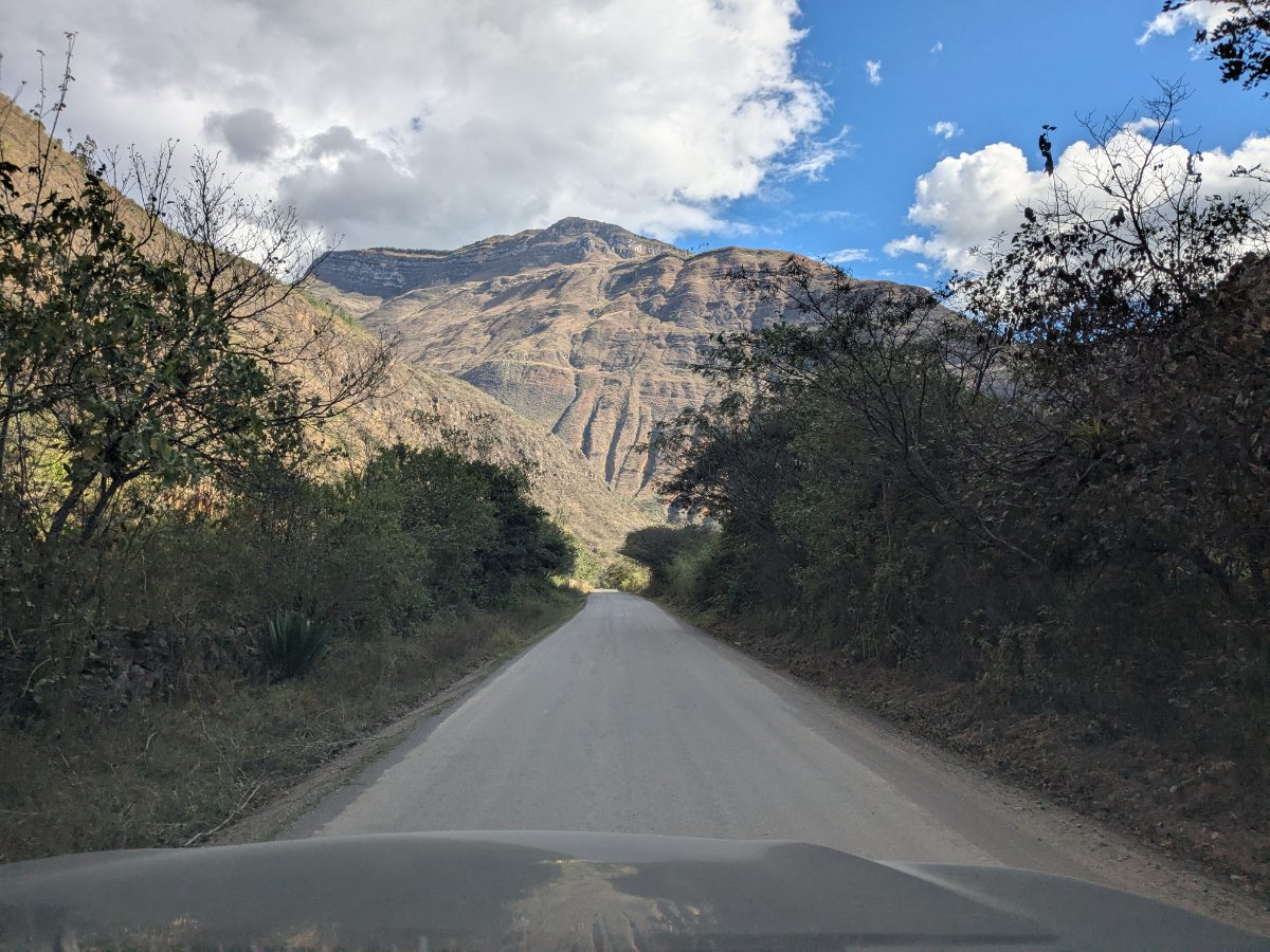 On the road to Leymebamba, Peru Narrow two-lane mountain road to Leymebamba, Peru, in rural Amazonas, appearing like a single lane through the Andes.