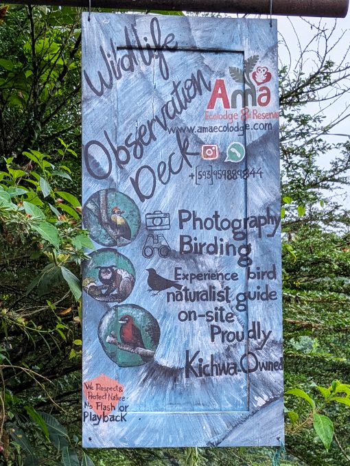 A hand-painted sign advertising Ama EcoLodge near Puerto Misahualli in Ecuador's Amazon