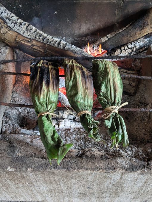 Fish wrapped in banana leaves cooks over a wood burning fire