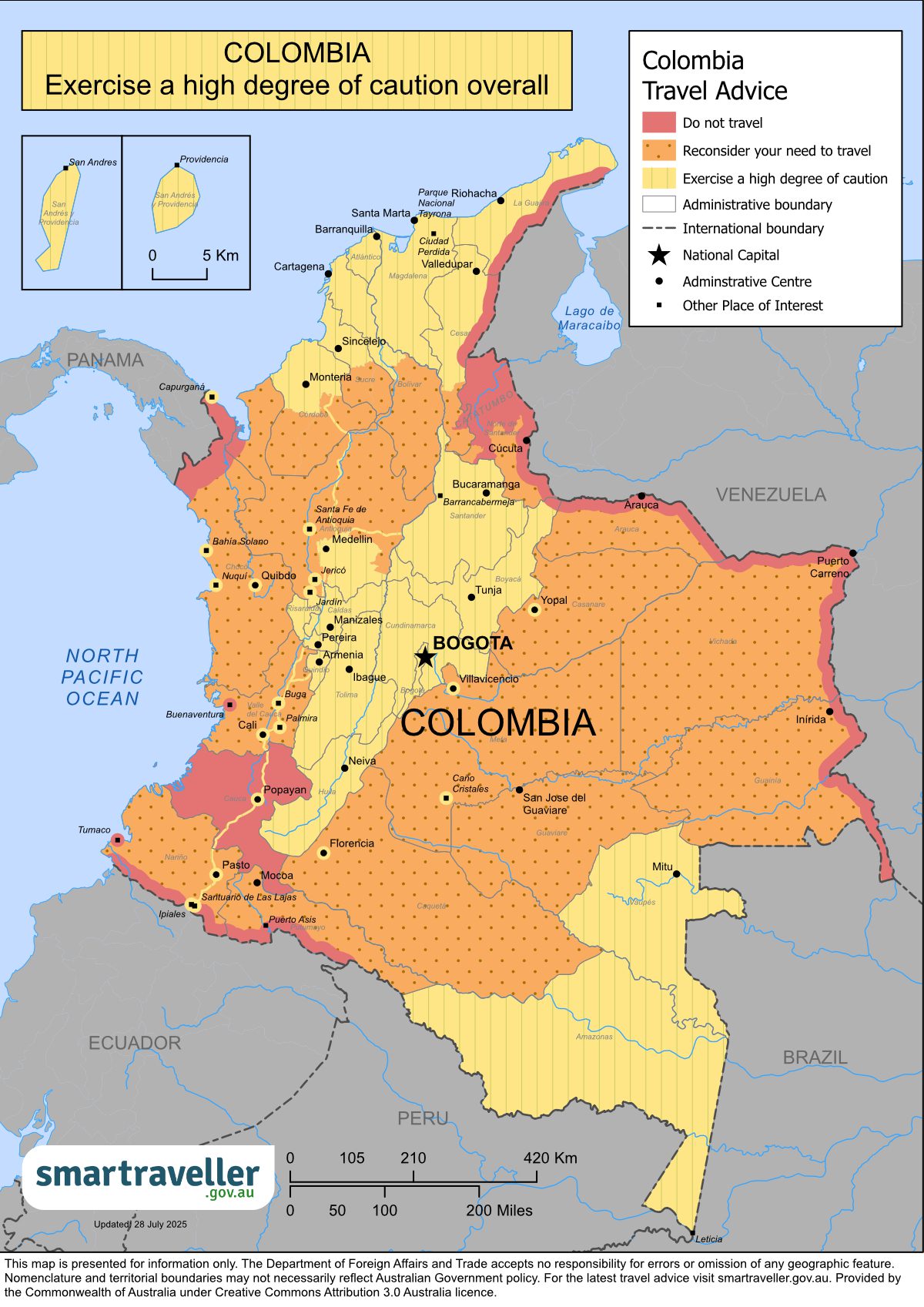 Travel Advisory Map of Colombia (Smartraveller — 28 July 2025) Travel advisory map of Colombia showing zones of ‘Do not travel’, ‘Reconsider your need to travel’, and ‘Exercise a high degree of caution’ (updated 28 July 2025)