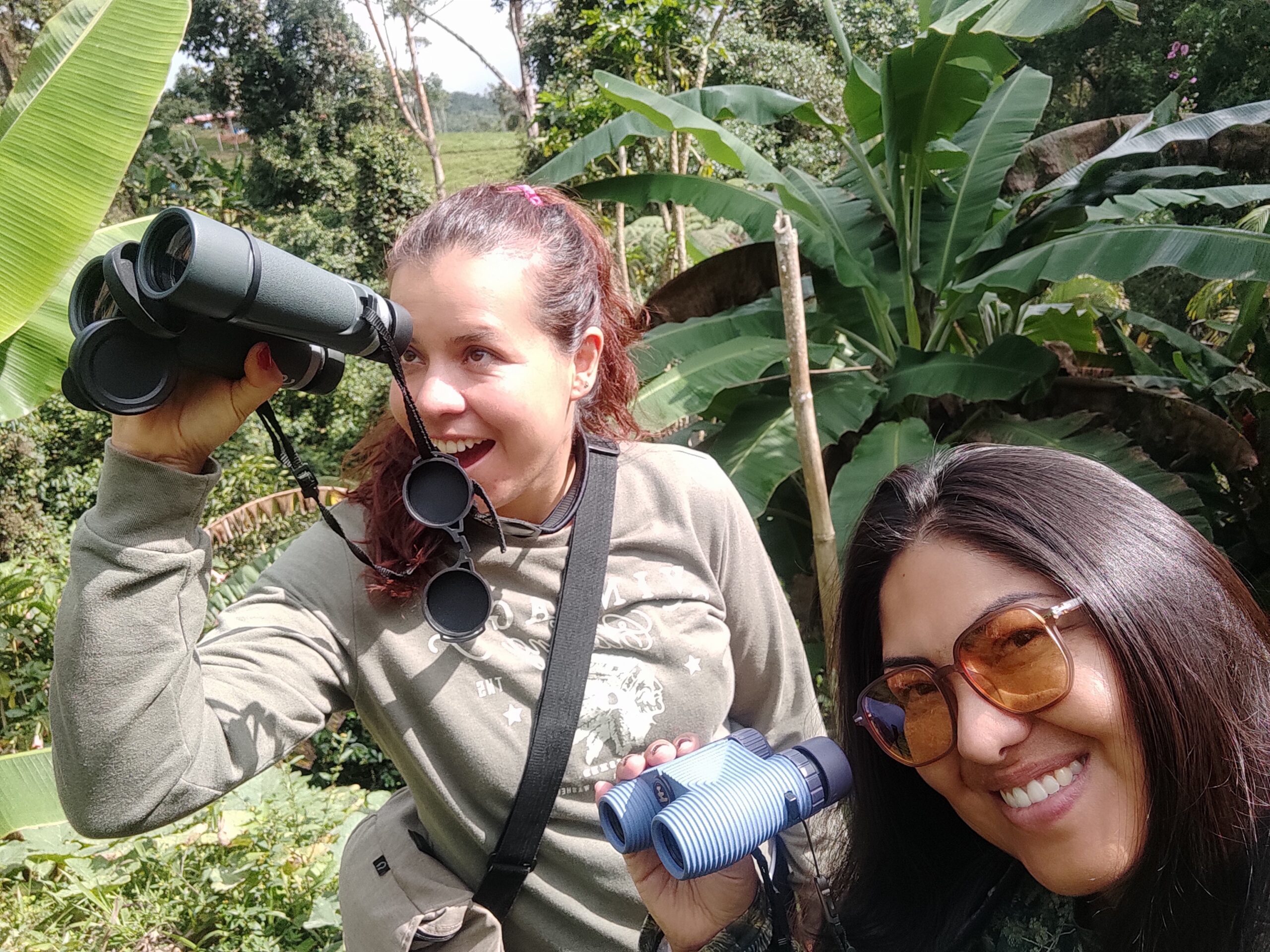 Lina and Jacquie birdwatching at Finca La Dicha, Cali, Colombia