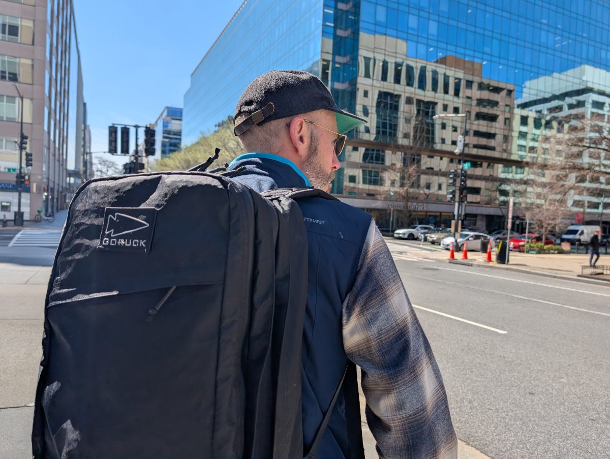 Scott with his GR2 in XPAC while walking a city street in Washington DC