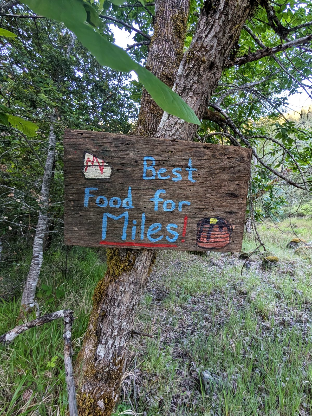 A hand painted sign says "Best Food for Miles!" with a painting of pancakes covered in syrup and butter. 
