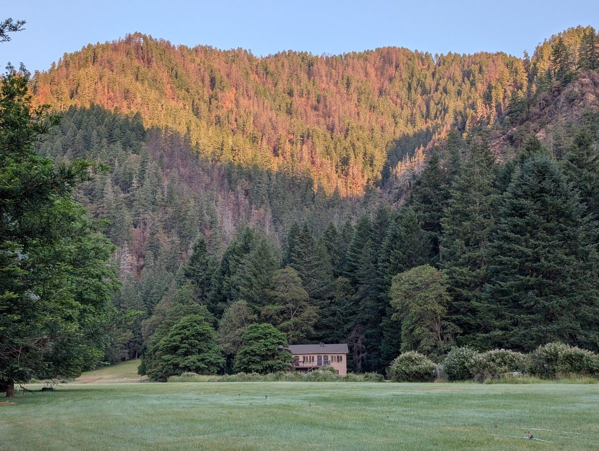 Sunrise touches the upper slopes of hte mountain behind the Paradise Lodge Guest House.