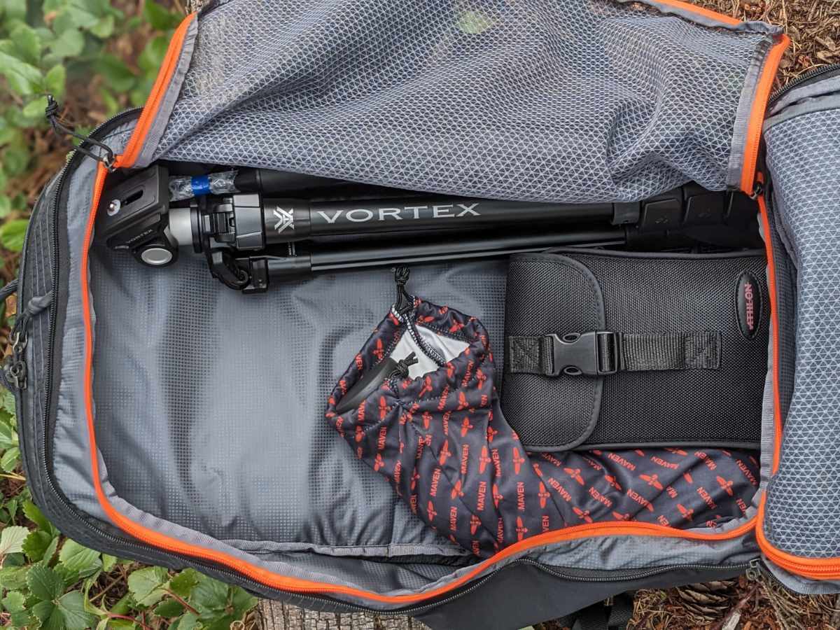 The Aerojet Backpack easily holds a Maven Spotting Scope, tripod, and binoculars.
