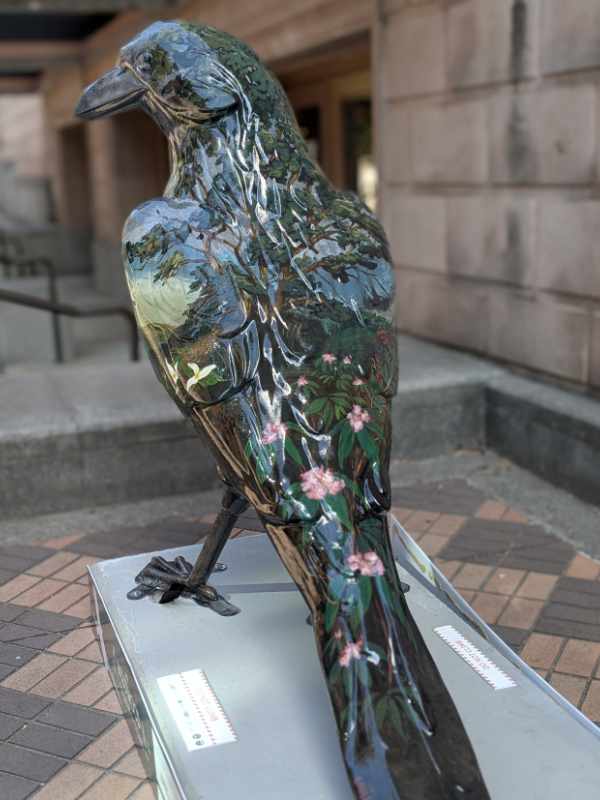 The head, shoulders, and tail view of Oregon Botanica, a sculpture along the Follow the Crows trail in Portland, Oregon