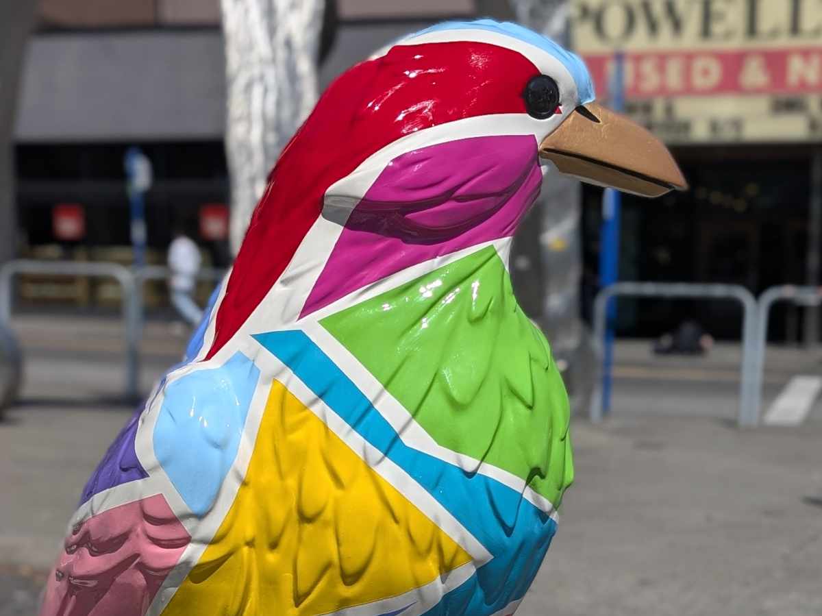 Bold patterns outlined in white and painted in bright colors worthy of a child's first box of crayons, the Shape of Us crow sculpture stands across the street from Powell's Books.
